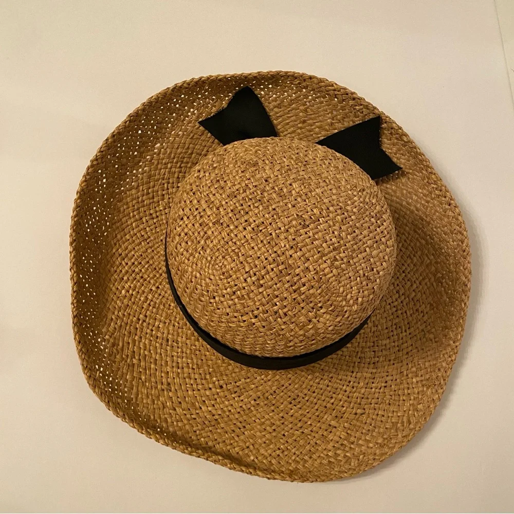 NEW YORK HAT & CAP CO HAT TAN STRAW BLACK GROSGRAIN RIBBON BOW WIDE BRIM USA